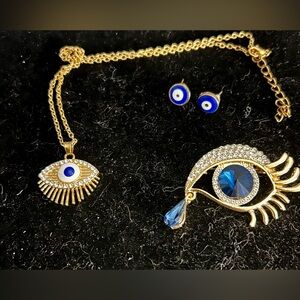 🪬 Mystic Blue Evil Eye Necklace Set.  Broach, earrings and Necklace